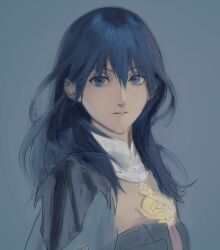  1girl absurdres armor black_armor black_cape blue_eyes blue_hair breasts cape charleston closed_mouth expressionless female_byleth_(fire_emblem) fire_emblem fire_emblem:_three_houses grey_background hair_between_eyes hair_ornament highres lips long_hair looking_at_viewer medium_breasts pink_lips simple_background solo 