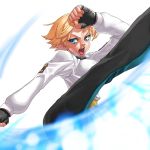  1girl attack blonde_hair blue_eyes breasts energy_blast fingerless_gloves gloves kicking king_(snk) king_of_fighters king_of_fighters_xi large_breasts open_mouth pants sash shirt short_hair solo takoyaki_neko-san 