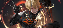  1boy absurdres arm_up blonde_hair cino_(cappuccino) commentary english_commentary fire floating floating_object floating_weapon hair_between_eyes highres horns kamui:_aeternion_(pgr) kamui_(pgr) long_hair looking_at_viewer male_focus mechabare mechanical_arms mechanical_legs open_mouth orange_eyes punishing:_gray_raven single_horn smile solo teeth upper_body v 