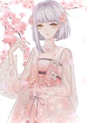  1girl bead_choker beads branch brooch cherry_blossoms chinese_clothes chinese_commentary circlet commentary_request cowboy_shot dress expressionless eyelashes falling_petals floral_print flower flower_brooch flower_necklace grey_hair hair_beads hair_bun hair_flower hair_ornament hand_up highres jewelry long_sleeves nail_polish nikki_(series) open_mouth petals pink_dress pink_flower pink_nails pink_ribbon print_dress ribbon see-through_clothes see-through_sleeves shining_nikki short_hair_with_long_locks single_side_bun solo songkua_niangao standing teeth thousand_dreams_(shining_nikki) upper_teeth_only waist_ribbon white_background wide_sleeves yellow_eyes yexiao_(shining_nikki) 