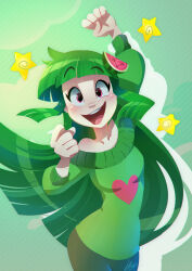  absurdres breasts food food-themed_hair_ornament food_print fruit fruit_print green_hair hair_ornament heart highres indie_virtual_youtuber light_artist long_hair melon mini_melon_(vannamelon) off_shoulder open_mouth pants red_eyes shiny_skin shoulder_blush signature slice smile spiral_cheeks star_(symbol) sweater teeth toon_(style) upper_teeth_only vanna_melon virtual_youtuber watermelon watermelon_hair_ornament watermelon_print watermelon_slice 