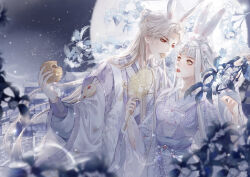  1boy 1girl animal_ears architecture baishuo_(shining_nikki) beads blue_bow blunt_bangs bow bow-shaped_hair branch breasts castle circlet cowboy_shot double_bun east_asian_architecture eating expressionless extra_ears eye_contact eyelashes faint_moon_dew_(shining_nikki) fang flower food food_bite food_in_mouth full_moon grey_hair hair_beads hair_bow hair_bun hair_ornament hand_fan holding holding_fan holding_food layered_sleeves light_particles lipstick long_hair long_sidelocks long_sleeves looking_at_another makeup moon mooncake nape_braid night nikki_(series) nostrils osmanthus outdoors parted_bangs parted_lips pom_pom_(clothes) pom_pom_hair_ornament puffy_long_sleeves puffy_sleeves purple_hanfu qingyue_(shining_nikki) rabbit_boy rabbit_ears rabbit_girl rabbit_hair_ornament red_eyes red_lips shining_nikki sidelocks single_hair_bun situ_ming_ling_hua_yi small_breasts standing teeth tuanshan very_long_hair white_flower white_hair wide_sleeves yellow_eyes 