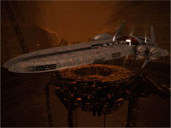  3d advanced_ship_(eve_online) angel_cartel_(eve_online) battlecruiser_(eve_online) brown_background brown_theme building cannon commentary concept_art energy_cannon english_commentary eve_online floating glowing hangar highres indoors military_vehicle minmatar_republic_(eve_online) original pirate_faction_(eve_online) realistic science_fiction spacecraft spacecraft_interior spacecraft_turret tech_2_ship_(eve_online) vehicle_focus 