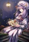  1girl book breasts crescent dress hair_ribbon hat kanro_(dear27) lantern long_hair mushroom patchouli_knowledge purple_hair ribbon sitting smile solo touhou violet_eyes 