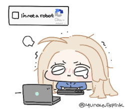 1girl artist_name blank_eyes blonde_hair blue_coat captcha chibi coat commentary computer computer_keyboard diana_(pragmata) laptop long_hair padded_coat pragmata simple_background solo white_background yunayuispink 