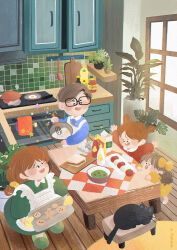  ._. 1boy 3girls :d :o animal apron black-framed_eyewear black_cat blue_shirt bottle bowl brown_hair cabinet cat chibi chibi_only child commentary cookie cooking cooking_pot dress drink_carton family food fried_egg frying_pan gingerbread_man glasses green_dress highres holding holding_bowl holding_tray holding_whisk indoors kitchen korean_commentary long_hair long_sleeves looking_at_food milk_carton multiple_girls open_mouth orange_hair original outstretched_arms oven pet plant potted_plant rectangular_eyewear red_shirt reinforced sandwich shelf shirt short_hair sleeping_animal slice_of_life smile spread_arms standing star_(symbol) stove table tomato tray v-shaped_eyebrows very_short_hair whisk white_apron yellow_dress 