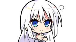  >:) 1girl blue_eyes blunt_ends blush_stickers chibi chibi_only chinese_commentary closed_mouth commentary_request eyes_visible_through_hair finger_gun fuyou_lev hair_between_eyes hand_on_own_arm highres long_hair looking_at_viewer naruse_shiroha outstretched_arm pointing puff_of_air puffy_short_sleeves puffy_sleeves school_uniform shirt short_sleeves sidelocks simple_background smile smug solo split_mouth straight_hair summer_pockets summer_pockets_school_uniform upper_body v-shaped_eyebrows white_background white_shirt 