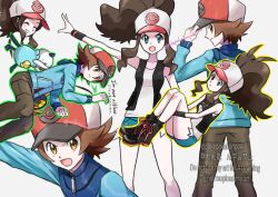  1boy 1girl backwards_hat baseball_cap black_vest blue_jacket commentary_request cutoffs denim denim_shorts exposed_pocket hat high_ponytail hilbert_(pokemon) hilda_(pokemon) jacket open_clothes open_vest oshawott poke_ball_print pokemon pokemon_(creature) pokemon_black_and_white pokepokekonpeki ponytail shorts vest wristband zipper_pull_tab 