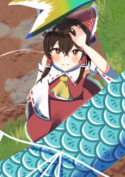  1girl absurdres ascot blush bow brown_eyes brown_hair children's_day closed_mouth commentary_request day detached_sleeves frilled_bow frilled_hair_tubes frills gasubanana hair_between_eyes hair_bow hair_tubes hakurei_reimu highres kodomo_no_hi koinobori long_hair looking_at_viewer outdoors red_bow red_skirt ribbon-trimmed_sleeves ribbon_trim skirt skirt_set smile solo touhou windsock yellow_ascot 