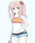  1girl atarashi_ako brown_hair denim denim_shorts flower hair_flower hair_ornament looking_at_viewer mokuyou red_eyes saki saki_achiga-hen shorts soda swimsuit swimsuit_under_clothes tank_top unbuttoned 