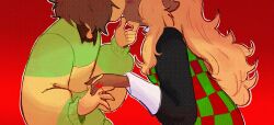  1girl 1other absomaddo black_shirt blonde_hair brown_hair checkered_clothes checkered_vest colored_skin commentary deltarune green_sweater hand_on_another's_chin highres jewelry kris_(deltarune) long_hair long_sleeves noelle_holiday other_with_female puffy_long_sleeves puffy_sleeves ring shirt striped_clothes striped_sweater sweater utdr_(toby_fox) vest weird_route_(deltarune) yellow_skin 