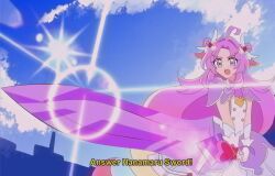  1990s_(style) 1girl ahoge akechi_anna answer_hanamaru_sword blue_eyes blue_sky bow brooch capelet cure_answer double_bun dress energy_sword fake_screenshot fake_subtitles fighting_stance fingerless_gloves gloves hair_bun hair_intakes hair_ornament heart highres holding holding_sword holding_weapon huge_weapon jacket jewelry long_hair looking_at_viewer magical_girl meitantei_precure! open_mouth precure purple_bow purple_capelet purple_dress purple_hair reiei_8 retro_artstyle skirt sky smile solo subtitled sunrise_stance sword weapon white_gloves 