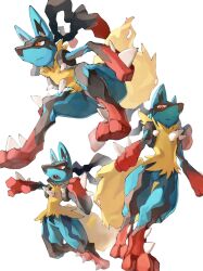 1other black_fur blue_fur body_fur closed_mouth commentary_request fang furry highres lucario mega_lucario mega_pokemon multicolored_fur multiple_views open_mouth other_focus pokemon pokemon_(creature) pokemon_focus red_eyes red_fur sake_maguro simple_background spikes yellow_fur 