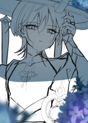  1boy absurdres armor blunt_ends blurry bodysuit bridal_gauntlets covered_collarbone curled_fingers depth_of_field eyelashes fingernails flower gem genshin_impact greyscale hand_up hat highres hydrangea japanese_armor japanese_clothes jingasa juban kimono kote male_focus mandarin_collar middle_ring monochrome munou_v open_clothes open_kimono portrait scaramouche_(genshin_impact) shoulder_peek sketch solo spot_color sweat tsurime vision_(genshin_impact) wanderer_(genshin_impact) white_background wispy_bangs 