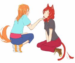  2girls :d ^_^ animal_ears between_legs blush capri_pants casual cat_ears cat_tail chin_stroking closed_eyes dog_ears dog_tail hand_between_legs inuzuka_bouru kousaka_honoka love_live!_school_idol_project multiple_girls nishikino_maki one_side_up open_mouth orange_hair pants profile redhead shoes side smile t-shirt tail tail_wagging 