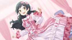  1girl :d black_hair blurry blurry_background bow breasts brown_eyes cat_hair_ornament commentary_request dress dutch_angle hair_bow hair_ornament highres idolmaster idolmaster_million_live! idolmaster_million_live!_theater_days indoors kitazawa_shiho liselsia long_sleeves looking_at_viewer official_alternate_costume official_alternate_hair_color open_mouth pink_bow pink_dress smile solo standing 