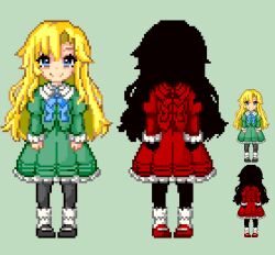  2girls blonde_hair blue_eyes dress flower green_dress ib_(ib) ib_(kouri) keykey117117 long_hair long_sleeves lowres mary_(ib) multiple_girls pixel_art red_dress rose shoes smile 