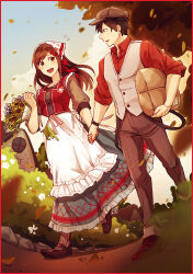  1boy 1girl :d absurdres alternate_costume apron bag black_hair border bouquet brown_bag brown_eyes brown_hair brown_hat brown_pants brown_shirt brown_shoes bush clouds cloudy_sky collared_shirt commentary cross-laced_vest day dirt_road english_commentary flower frilled_apron frills full_body gradient_sky grey_skirt grey_socks hair_ornament hairclip hat headscarf highres holding holding_bag holding_bouquet holding_hands house kagerou_project kisaragi_shintarou looking_at_viewer looking_to_the_side maymorin open_mouth outdoors pants parallel_hairclips red_border red_ribbon red_shirt red_vest ribbon road round_window shirt shoes short_hair skirt sky sleeves_rolled_up smile socks standing sunflower tateyama_ayano tree unworn_bag vest waist_apron waistcoat walking watch watch white_apron white_headscarf white_vest window yellow_flower 