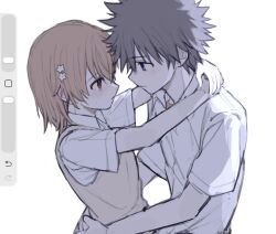  1boy 1girl a_certain_high_school_uniform black_hair brown_eyes brown_hair brown_sweater_vest commentary eye_contact flower hair_flower hair_ornament hands_on_another's_waist highres kamijou_touma looking_at_another misaka_mikoto mxnyal school_uniform shirt short_sleeves summer_uniform sweater_vest toaru_majutsu_no_index tokiwadai_school_uniform white_shirt 