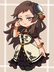  1girl black_pantyhose brown_background brown_hair closed_mouth commentary_request cropped_legs deformed dress floral_print hand_up hat idolmaster idolmaster_million_live! idolmaster_million_live!_theater_days kitazawa_shiho kitazawa_shiho_(chocolate_rose) light_smile long_hair mini_hat nyozuki_(trid) official_alternate_costume pantyhose print_dress rose_print short_sleeves sideways_glance solo standing wrist_cuffs yellow_eyes 