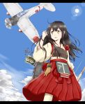  1girl aichi_d3a airplane akagi_(kantai_collection) any_(lucky_denver_mint) brown_eyes brown_hair clouds dive_bomber highres japanese_clothes kantai_collection long_hair muneate personification pleated_skirt skirt sky solo sun 
