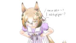  1girl animal_ears bilingual_text brown_eyes brown_hair commentary_request elmia_(wcra3877) fine_motion_(umamusume) hands_on_own_hips horse_ears horse_girl horse_tail irish_text long_hair medium_hair mixed-language_text pleated_skirt puffy_short_sleeves puffy_sleeves ribbon sailor_collar school_uniform short_sleeves skirt solo summer_uniform tail tracen_school_uniform traditional_media translated trimmed_tail umamusume upturned_eyes white_ribbon white_sailor_collar white_skirt 