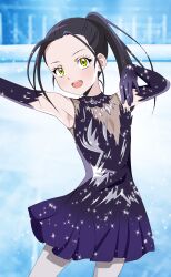  1girl :d absurdres armpits arms_up black_hair collarbone commentary cowboy_shot dress earrings elbow_gloves flat_chest glitter gloves high_ponytail highres ice_skating indoors jewelry kamisaki_hikaru kiniro_tofu long_hair looking_at_viewer medalist_(manga) open_mouth ponytail purple_dress purple_gloves short_dress skating smile solo standing stud_earrings teeth upper_teeth_only yellow_eyes 