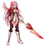  1girl boots gloves hair_ornament high_heel_boots hozenkakari long_hair original pink_hair polearm simple_background smile solo spear thighhighs violet_eyes weapon zipper 