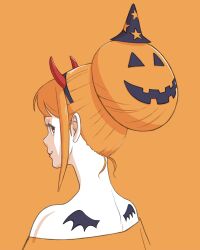  1girl absurdres aida_rayhunton alternate_hairstyle aobito_sukoyaka_bystander back_tattoo bare_shoulders black_hairband black_hat closed_mouth commentary_request demon_horns fake_horns from_behind gundam gundam_g_no_reconguista hair_bun hairband halloween hat highres horn_hairband horns jack-o'-lantern lipstick looking_at_viewer looking_back makeup mini_hat mini_witch_hat orange_background orange_hair orange_shirt orange_theme portrait print_hat red_eyes red_lips shirt short_hair sidelocks simple_background smile solo star_(symbol) star_print strapless strapless_shirt tattoo wing_tattoo witch_hat 