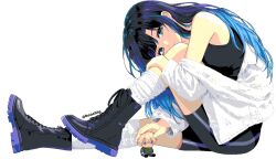  armpits bare_shoulders black_shorts blue_eyes blue_hair boots commentary hoshino_aquamarine jacket kurokawa_akane long_hair looking_at_viewer multicolored_hair open_clothes open_jacket oshi_no_ko rooks_(booship) shirt shorts sitting sleeveless sleeveless_shirt socks untranslatable_commentary white_background white_jacket white_socks 