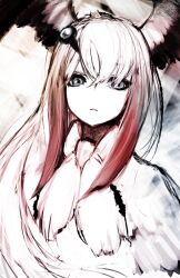  1girl bird_girl bird_wings blue_eyes feathered_wings head_wings ise_(0425) jacket kemono_friends long_hair looking_at_viewer multicolored_hair red_hair scarf simple_background solo two-tone_hair upper_body white_hair white_jacket white_scarf white_stork_(kemono_friends) wings 