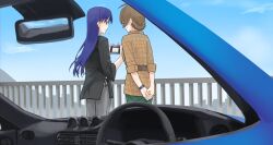  2girls ahoge arms_behind_back black_jacket blue_car blue_hair braid brown_hair brown_shirt camera camouflage car closed_mouth day digital_camouflage epitaph_(1122) from_behind grey_pants highres holding holding_camera idolmaster idolmaster_(classic) idolmaster_million_live! idolmaster_million_live!_theater_days jacket kisaragi_chihaya long_hair motor_vehicle multiple_girls outdoors pants plaid_clothes plaid_shirt sakuramori_kaori shirt short_hair 