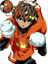  1boy :o absurdres adujiang animification brown_hair character_hood chinese_commentary color_connection commentary_request cosplay dark-skinned_male dark_skin dreadlocks east-west_crossover emoticon fake_tail fang flamefrags gloves hairstyle_connection heterochromia highres hood hood_up kaomoji knuckles_the_echidna knuckles_the_echidna_(cosplay) looking_at_viewer male_focus minecraft_youtube paw_pose red_eyes simple_background solo sonic_(series) tail unstable_universe upper_body white_background white_gloves yellow_eyes 