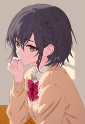  1girl absurdres bow bowtie braid breasts brown_cardigan brown_eyes brown_hair cardigan closed_mouth collared_shirt commentary diagonal-striped_bow diagonal-striped_bowtie diagonal-striped_clothes elbow_rest from_side hair_behind_ear hair_between_eyes hand_up highres holding_own_hair indoors kamiyama_high_school_uniform_(project_sekai) leitinggele light_blush long_sleeves looking_at_viewer project_sekai red_bow red_bowtie school_uniform shinonome_ena shirt short_hair side_braid sidelocks solo striped_bow striped_bowtie striped_clothes upper_body white_shirt wing_collar 