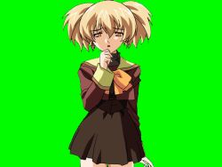  1990s_(style) 1girl :o blonde_hair bow breasts brown_serafuku cowboy_shot game_asset green_background hair_between_eyes hand_on_own_chin high-waist_skirt large_variant_set long_sleeves medium_breasts mikuni_miku non-web_source raised_inner_eyebrows retro_artstyle school_uniform self-datamine serafuku short_twintails skirt solo standing tamaru_makoto tareme twintails variant_set visual_novel_cg yellow_bow yellow_eyes yuuwaku 