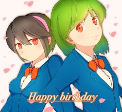  2girls amepa_(ame_pinecandy) black_hair blazer blue_jacket bow bowtie closed_mouth commentary_request green_hair hairband happy_birthday highres jacket jikkyou_powerful_pro_yakyuu locked_arms multiple_girls petals pink_hairband pink_petals power_pro-kun_pocket power_pro-kun_pocket_10 red_bow red_bowtie red_eyes school_uniform shirt takashina_nao upper_body white_shirt yoshizuki_sara 
