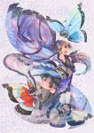  1girl bare_shoulders green_eyes hair_ornament highres japanese_clothes personification pokemon pokemon_(creature) pokemon_(game) pokemon_xy purple_hair shaingtao skirt solo thighhighs vivillon 