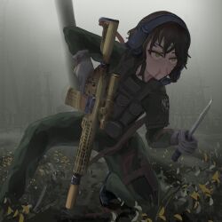  1girl absurdres assault_rifle black_hair blood bulletproof_vest chest_rig closed_mouth commentary dagger english_commentary gloves green_eyes green_pants green_shirt gun headphones highres holding holding_weapon knife kuba_world nosebleed on_one_knee original pants rifle shirt short_hair solo tactical_clothes weapon weapon_request white_gloves 