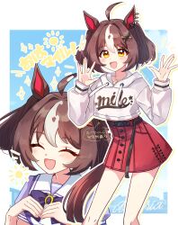  1girl :d ^_^ absurdres ahoge animal_ears belt bow bowtie brown_eyes brown_hair casual closed_eyes clothes_writing colored_inner_animal_ears commentary_request cropped_hoodie facing_viewer gran_alegria_(casual)_(umamusume) gran_alegria_(umamusume) hair_between_eyes hair_ornament highres hood hoodie horse_ears horse_girl horseshoe_ornament long_belt long_sleeves looking_at_viewer making-of_available multicolored_hair multiple_views norun_(ru-on) open_mouth puffy_short_sleeves puffy_sleeves purple_bow purple_bowtie purple_shirt red_skirt sailor_collar sailor_shirt school_uniform shirt short_sleeves skirt smile streaked_hair tracen_school_uniform umamusume white_hoodie white_streaks x_hair_ornament 
