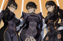 3girls :/ absurdres bayonetta bayonetta_(series) bayonetta_1 bayonetta_2 bayonetta_3 beehive_hairdo black_hair bodysuit braid breasts commentary completely_unamused glasses gloves hair_ribbon hands_on_own_hips highres jewelry large_breasts lipstick looking_at_viewer makeup marriage_proposal mole mole_under_mouth multiple_girls multiple_persona park_ongjol pov ribbon ring short_hair skin_tight trembling twin_braids unamused wedding_ring white_gloves