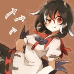  1girl arrow black_hair blush bow brown_background dress hisona_(suaritesumi) horns kijin_seija looking_at_viewer multicolored_hair puffy_sleeves red_eyes redhead ribbon short_hair short_sleeves simple_background sketch smile solo tongue tongue_out touhou white_hair 