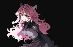  1girl animal_ears arms_behind_back asymmetrical_horns backward-facing_horns bell bell_bow black_bow black_bowtie black_eyes bow bowtie breasts colored_saliva cross femme_soule goat_ears goat_horns heterochromia highres horns inverted_cross long_sleeves looking_at_viewer mismatched_horns neck_bell notched_ear odayaka pink_eyes pink_hair pukey_goddess_shot_trick solo 