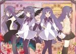  akemi_homura braid flower glasses hair_ribbon hairband highres holding_hands mahou_shoujo_madoka_magica mahou_shoujo_madoka_magica_movie multiple_persona pantyhose pirika progression ribbon rose skirt spoilers thorns twin_braids wheel wings 