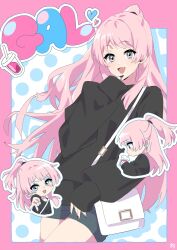  1girl bag bang_dream! bang_dream!_it's_mygo!!!!! black_nails black_sweater blue_shorts chihaya_anon commentary cup disposable_cup drinking_straw drinking_straw_in_mouth earrings fang grey_eyes gyaru_v half_updo highres holding holding_cup jewelry long_sleeves multiple_views nail_polish open_mouth ora_(oraora_oekaki) outline shorts shoulder_bag side_ponytail sweater v white_bag white_outline 