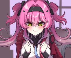 1girl black_hairband blush breasts cape clenched_hands closed_mouth commentary_request hair_between_eyes hair_intakes hairband hands_up highres long_hair looking_at_viewer lupa_(wuthering_waves) medium_breasts pink_hair red_cape red_pupils solo tail textless_version twintails uissu upper_body watermark wolf_tail wuthering_waves yellow_eyes 