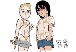  1girl 2boys 4boys bikini bikini_under_clothes black_eyes black_hair blonde_hair blue_eyes blue_shorts bra clenched_hand closed_mouth commentary cowboy_shot cropped_legs crossdressing dancho_no_mori expressionless flat_chest gold_bikini holding holding_knife holding_sword holding_weapon knife looking_at_another male_focus micro_bikini mii_(nintendo) mii_brawler mii_brawler_(smash_ultimate) mii_swordfighter mii_swordfighter_(smash_4) mii_swordfighter_(smash_ultimate) multiple_boys navel nervous_sweating see-through_clothes see-through_shirt shaded_face shirt short_hair short_sleeves shorts simple_background spiky_hair super_smash_bros. sweat swimsuit sword t-shirt underwear untranslatable_commentary weapon wet wet_clothes wet_shirt white_background white_shirt yellow_bikini yellow_bra 