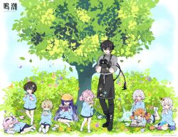  2boys 6+girls absurdres aemeath_(wuthering_waves) aemeath_(young)_(wuthering_waves) aged_down black_gloves black_hair black_pants black_skirt blonde_hair blue_jacket book camera commentary_request denia_(wuthering_waves) drinking gloves grey_hair grey_shirt highres hiyuki_(wuthering_waves) holding holding_book holding_camera jacket kindergarten_uniform lawless_zone_mercenary_(wuthering_waves) logo lucilla_(wuthering_waves) luuk_herssen_(wuthering_waves) male_rover_(wuthering_waves) mornye_(wuthering_waves) multiple_boys multiple_girls official_art orange_hair outdoors pants papercraft pink_hair reading rover_(wuthering_waves) shirt sigrika_(wuthering_waves) sitting skirt sleeping soliskin_(wuthering_waves) standing teacher white_hair wuthering_waves 