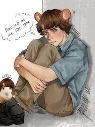  1boy adam_lanza against_wall aged_down animal animal_ear_fluff animal_ears ankle_socks artist_name bare_arms black_shoes black_socks blue_eyes blue_shirt blurry blush brown_hair brown_pants buttons closed_mouth collared_shirt commentary cyril_1214 english_commentary english_text flipped_hair full_body furrowed_brow hamster hamster_boy hamster_ears highres hugging_own_legs hunched_over kemonomimi_mode knees_up light_frown lips loafers looking_at_viewer male_focus nose nostrils pants photo-referenced photo_inset plaid_clothes plaid_shirt real_life shirt shoes short_hair short_sleeves simple_background sitting socks solo speech_bubble thought_bubble true_crime very_short_hair white_background 