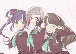  3girls :d :o ;d absurdres aqua_neckerchief black_choker black_gloves bob_cut brown_dress brown_hair choker colored_inner_hair commentary_request diagonal_bangs dress falling_petals flower fujishima_megumi gloves green_eyes grey_hair grin hair_bun hair_flower hair_ornament half_gloves hasu_no_daisankaku hasu_no_sora_school_uniform highres index_finger_raised inverted_bob lone_nape_hair long_hair long_sleeves love_live! love_live!_hasu_no_sora_jogakuin_school_idol_club multicolored_hair multiple_girls neckerchief o-ring o-ring_choker ok_sign one_eye_closed open_mouth otomune_kozue petals pink_eyes purple_hair red_flower red_hair riko_(1017rikopinpon) sailor_collar sailor_dress school_uniform short_hair side_ponytail sidelocks single_side_bun smile star_(symbol) star_hair_ornament streaked_hair tassel tassel_hair_ornament two_side_up upper_body v v-shaped_eyebrows v_over_eye violet_eyes virtual_graduation_commemoration virtual_youtuber white_background white_sailor_collar winter_uniform yugiri_tsuzuri 