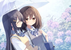  2girls bag black_hair blue_bag blue_bow blue_bowtie blurry blurry_background bow bowtie brown_eyes brown_hair bush closed_eyes closed_mouth collared_shirt commentary_request day depth_of_field diagonal-striped_bow diagonal-striped_bowtie diagonal-striped_clothes dutch_angle grey_sweater_vest hair_intakes hair_ornament hairclip highres holding holding_umbrella long_hair looking_at_another looking_to_the_side medium_hair multiple_girls open_mouth original outdoors parallel_hairclips rain school_bag school_uniform shared_umbrella shirai_tanuki shirt short_sleeves shoulder_bag smile straight_hair striped_bow striped_bowtie striped_clothes sweater_vest transparent transparent_umbrella umbrella upper_body v-neck white_shirt wing_collar yellow_sweater_vest yuri 